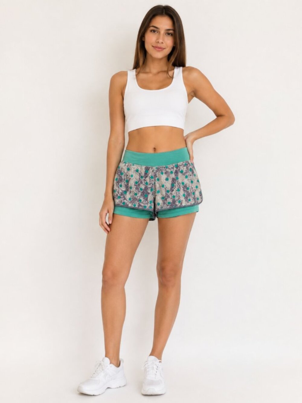 Boho Moroccan Tile Print Running Shorts Built-In Liner Teal Gray XS